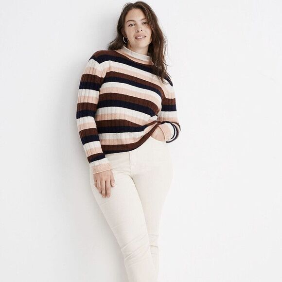 Madewell Sweaters - Madewell Sweater Merino Wool Alpaca Striped Small Evercrest Mock Neck Brown Y2K